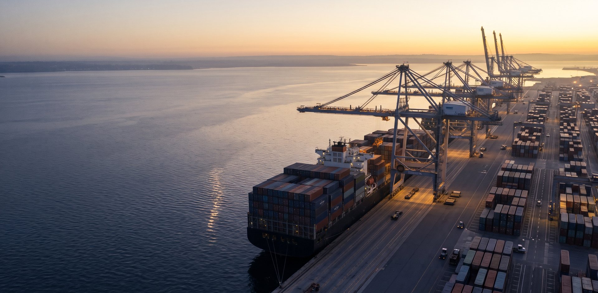 Container terminal at dusk with gantry cranes and a loaded vessel at the quay